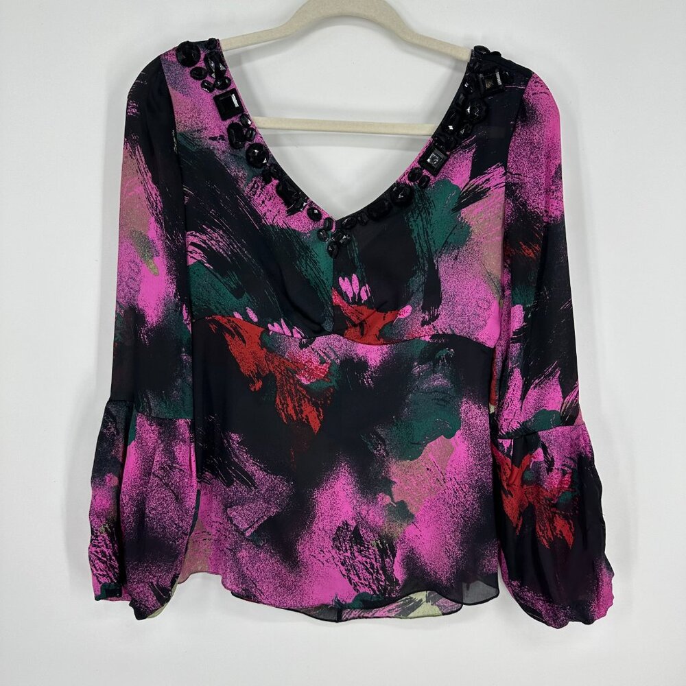 3/$25 Magaschoni Collection Abstract Print Blouse Top S Beaded Embellished‎ Pink